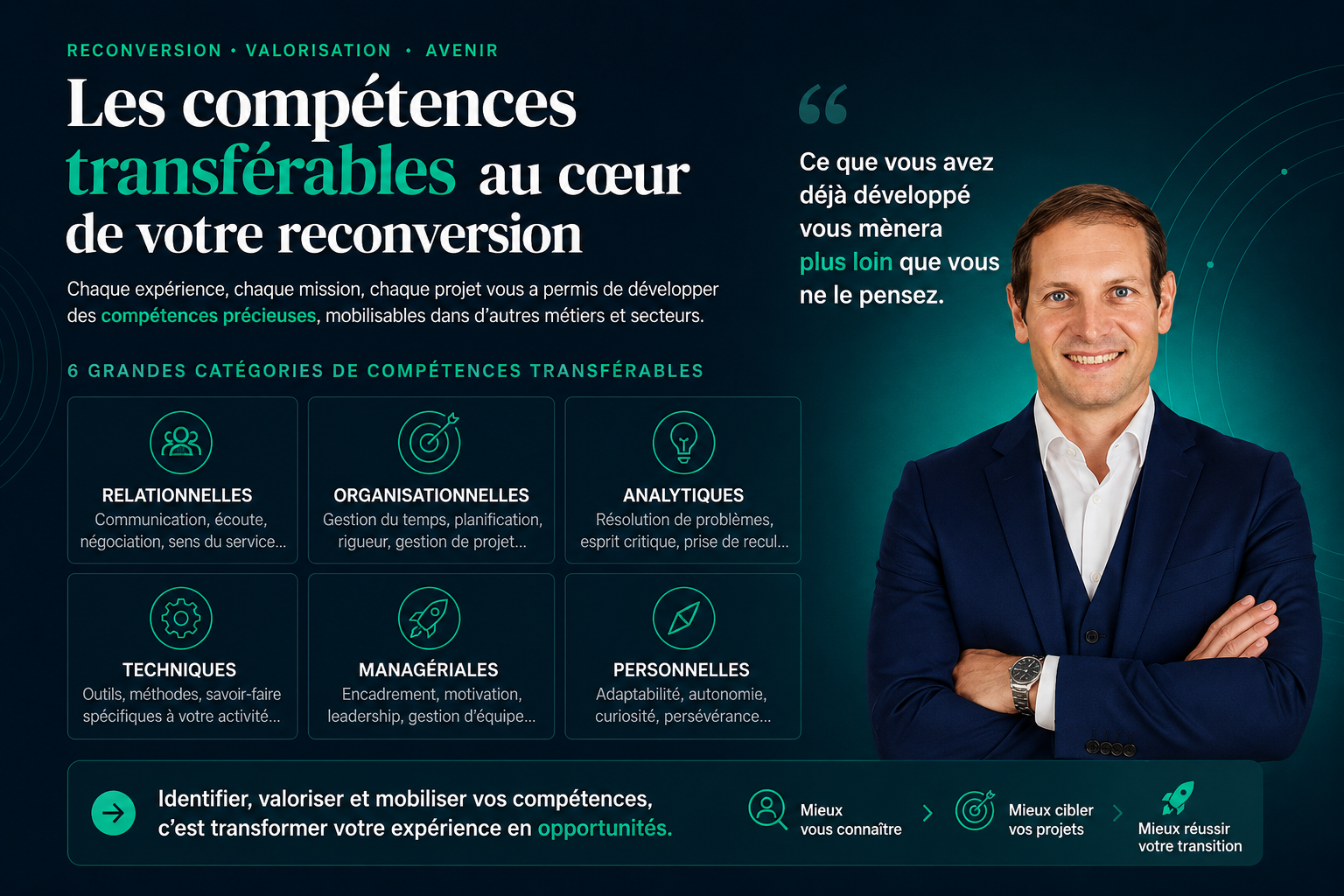 Benjamin Duplaa — les compétences transférables au coeur de votre reconversion. 6 grandes catégories (relationnelles, organisationnelles, analytiques, techniques, managériales, personnelles). Ce que vous avez déjà développé vous mènera plus loin que vous ne le pensez.
