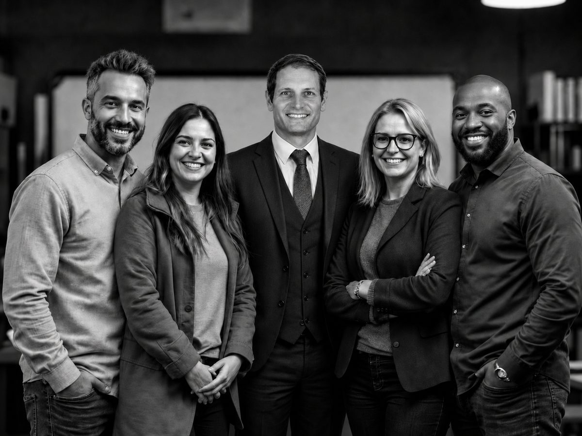 Équipe de cinq entrepreneurs confiants, photo noir et blanc — créer son entreprise après une reconversion, par Benjamin Duplaa