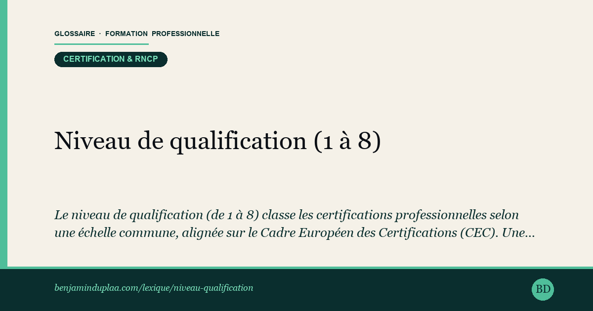 Niveau de qualification (1 à 8) — Définition illustrée du glossaire de la formation professionnelle (catégorie Certification & RNCP) par Benjamin Duplaa, directeur IFPA Poitiers