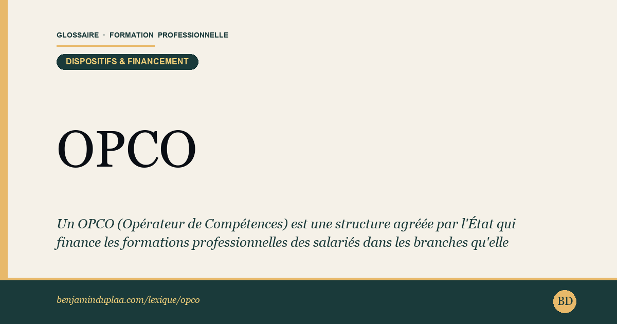 OPCO — Opérateur de Compétences — Définition illustrée du glossaire de la formation professionnelle (catégorie Dispositifs & financement) par Benjamin Duplaa, directeur IFPA Poitiers