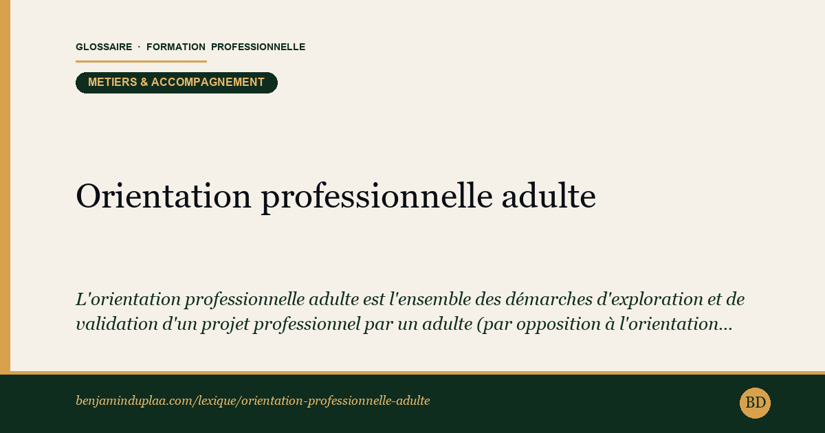 Orientation professionnelle adulte — Définition illustrée du glossaire de la formation professionnelle (catégorie Métiers & accompagnement) par Benjamin Duplaa, directeur IFPA Poitiers